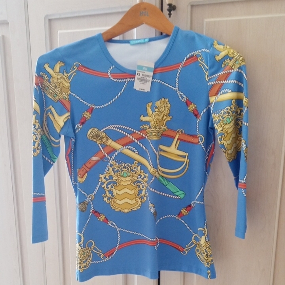 JMclaughlin blue and gold heraldic print Catalina Cloth signature tee.  NWT